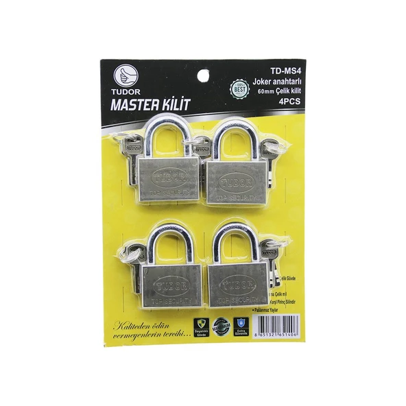 TUDOR TD-MS4 MASTER 4PCS JOKER ANAHTARLI=TEK ANAHTARLA 4 KİLİT AÇ  60MM - GRİ KISA KANCALI ÇELİK ASMA KİLİT GO53/03654 ürün görseli 1