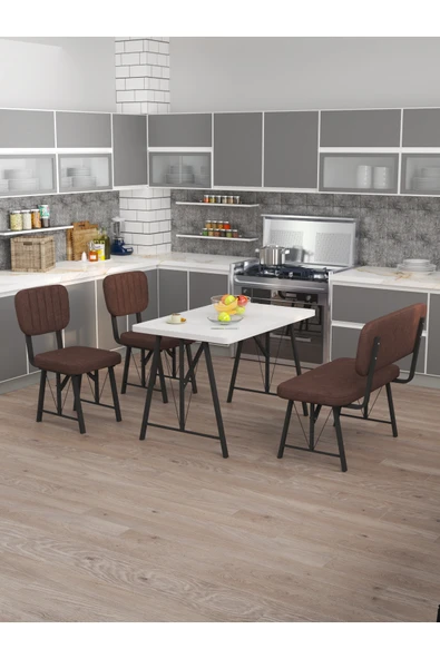 Mygusi Hayat 70x110 Beyaz, Mutfak Masası Takımı, Yemek Masası, 2 Sandalye 1 Bench - Kahverengi ürün görseli 1