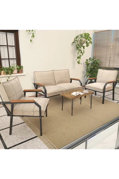 Mygusi Hayal Balkon, Bahçe, Cafe, Metal Kanepe Koltuk Takımı , Bahçe Mobilyası, 211 Sehpalı - Krem ürün görseli 1