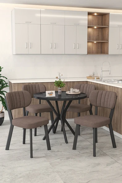 Mygusi Gnr 90cm Sabit Siyah Mutfak Masası Takımı, Yemek Masası, 4 Modern Kahverengi Sandalye ürün görseli 1
