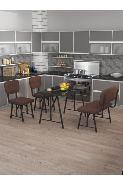 Mygusi Hayat 70x110 Bendir, Mutfak Masası Takımı, Yemek Masası, 2 Sandalye 1 Bench - Kahverengi ürün görseli 1