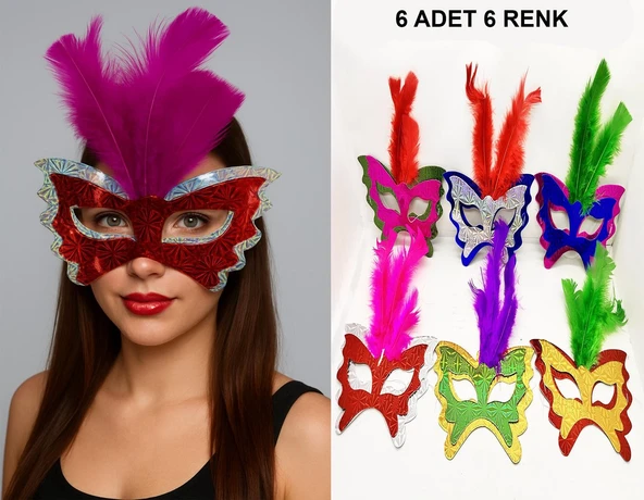Renkli Parti Maskesi 6'lı | Tüylü Karton Maske Seti (Lastikli) GO53/04182 ürün görseli 1