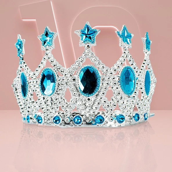 Çocuk Kraliçe Tacı - Mavi Yıldız İşlemeli Prenses Tacı 15x7 cm GO53/04668 ürün görseli 1