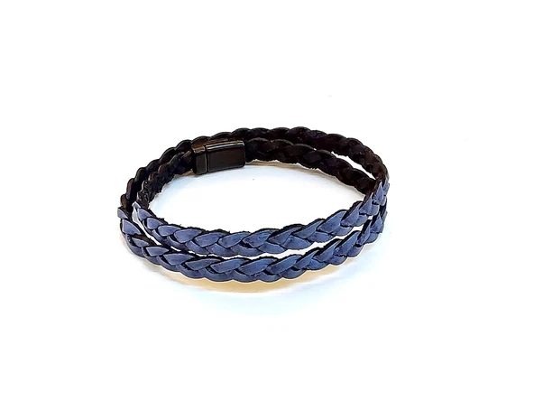 Graphite Double Braid – Çift Sıra Örgü Mavi Hakiki Deri Erkek Bileklik-1427 ürün görseli 1