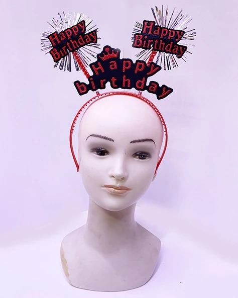 Happy Birthday Yazılı Püsküllü Neon Kırmızı Renk Doğum Günü Tacı 22x19 cm GO53/04739 ürün görseli 1