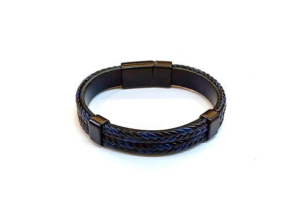 Navy Full Braid – Tam Örgü Detaylı Lacivert Deri Erkek Bileklik-1424 ürün görseli 1