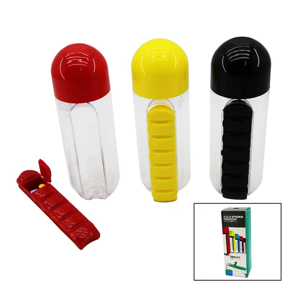 İLAÇ KUTULU PLASTİK SULUK MATARA RENKLİ BARDAK KAPAKLI 600ML GO53/04968 ürün görseli 1