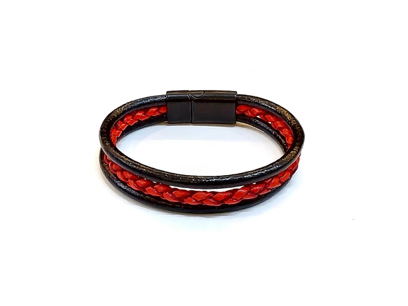Crimson Double Braid – Kırmızı Örgü Detaylı Siyah Deri Erkek Bileklik-1423 ürün görseli 1