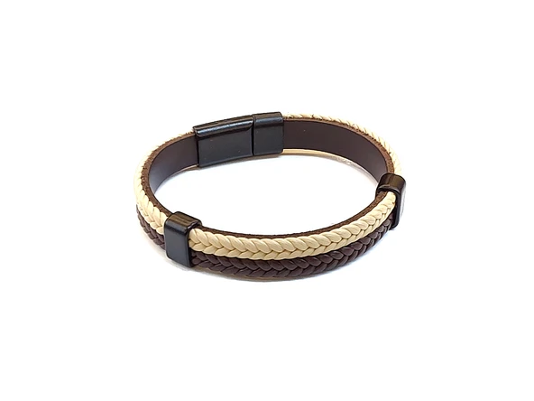 Ivory Braid Core – Ekru & Kahverengi Örgü Detaylı Erkek Deri Bileklik-1421 ürün görseli 1