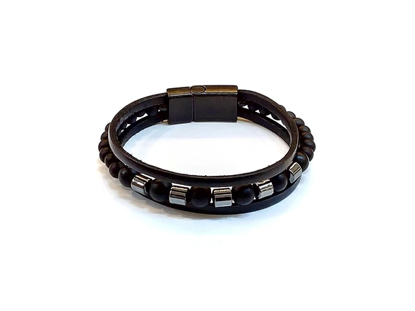 Obsidian Bead Core – Siyah Boncuk Detaylı Çift Kat Deri Erkek Bileklik-1422 ürün görseli 1