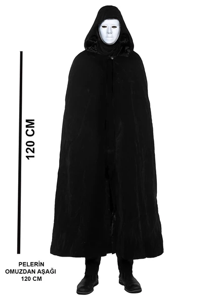 Siyah Kapüşonlu 120 cm Pelerin ve Beyaz Boyanabilir Tam Yüz Maske GO-53-vice ürün görseli 1