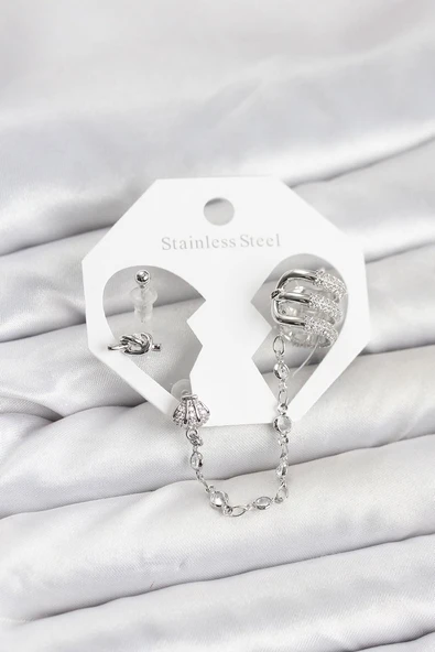 Pirinç Gümüş Renk Sarmal Model Zincir Bağlantılı Ear Cuff Küpe Seti (Vice/1395) ürün görseli 1
