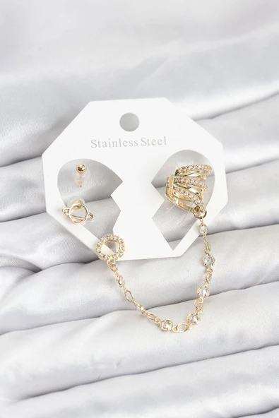 Uzay Model Pirinç Gold Renk Zincir Bağlantılı Ear Cuff Küpe Seti (Vice/1395) ürün görseli 1