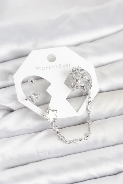 Pirinç Gümüş Renk Yıldız Model Zincir Bağlantılı Ear Cuff Küpe Seti (Vice/1395) ürün görseli 1
