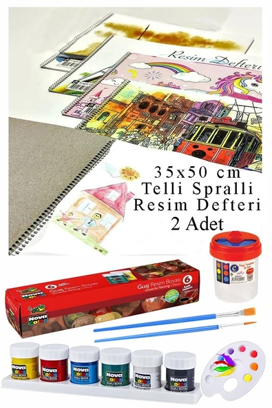 6 Renk Guaj Boya Nova Color 35x50 cm Telli Spralli Resim Defteri Palet Resim Fırçası 15 Yaprak Guajboya Resim Defteri ürün görseli 1