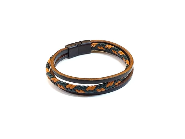 Canyon Braid Core – Taba & Turuncu Örgü Detaylı Siyah Deri Erkek Bileklik-1419 ürün görseli 1