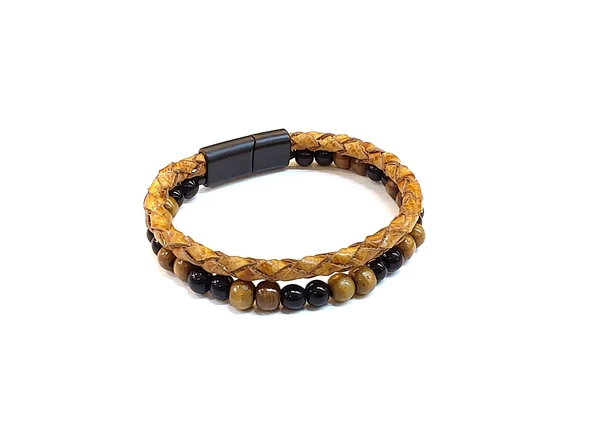 Golden Stone Weave – Taba Örgü & Doğaltaş Boncuk Detaylı Erkek Deri Bileklik-1417 ürün görseli 1