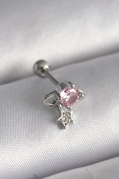 316L Çelik Gümüş Renk Pembe Zirkon Taşlı Sallantı Yıldız Detay Tragus Piercing - TJ-PR1237 ürün görseli 1