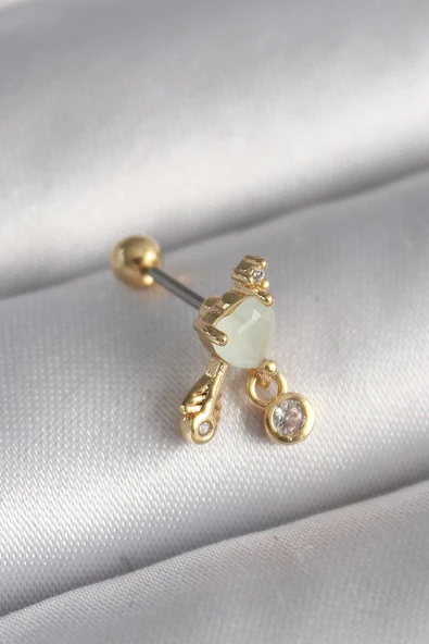 316L Çelik Gold Renk Beyaz Mineli Kalp Sallantı Zirkon Taşlı Tragus Piercing - TJ-PR1228 ürün görseli 1