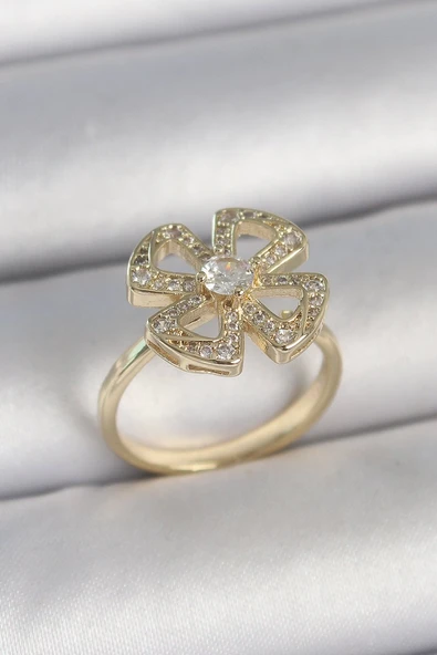 Pirinç Gold Renk Zirkon Taşlı Yonca Model Ayarlanabilir Kadın Yüzük - TJ-BYK3719 ürün görseli 1