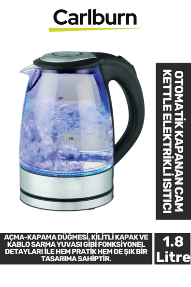 Premium 1500W Şeffaf Görüntü Su Seviye Takip Led Aydınlatma 1.8 Litre Cam Kettle Elektrikli Isıtıcı ürün görseli 1