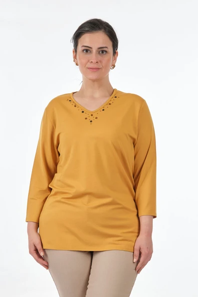 Desen Oversize V Yaka 3/4 Kol Kadın Bluz - Minimalist Tarz ürün görseli 1
