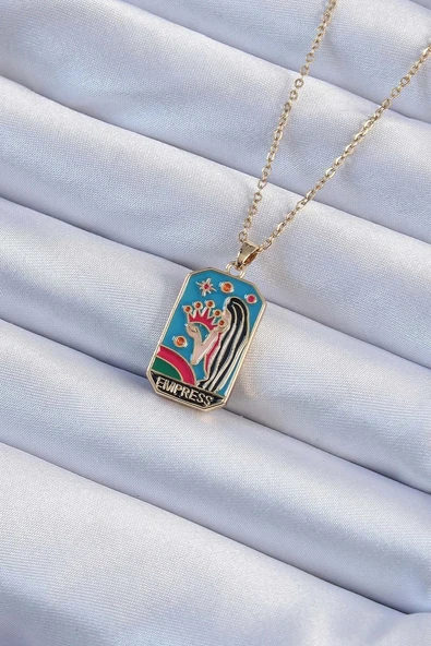 316L Çelik Zincir Altın Renk Taç ve Kız Figürlü Renkli Mineli Tarot Kolye - TJ-BKO9229 ürün görseli 1