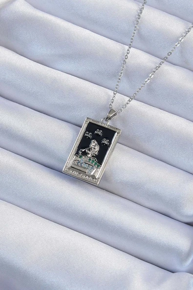 316L Çelik Zincir Gümüş Renk Zirkon Taşlı Siyah Mineli Kız Figürlü Tarot Kolye - TJ-BKO9228 ürün görseli 1