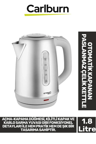 Premium 1800W 1.8 Litre Kapasiteli 304 Paslanmaz Çelik Otomatik Kapanan 360 Derece Dönen Kettle ürün görseli 1
