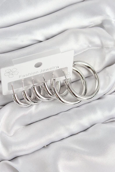 Pirinç Halka Model Gümüş Renk Kadın Set Küpe - TJ-BKP11056 ürün görseli 1