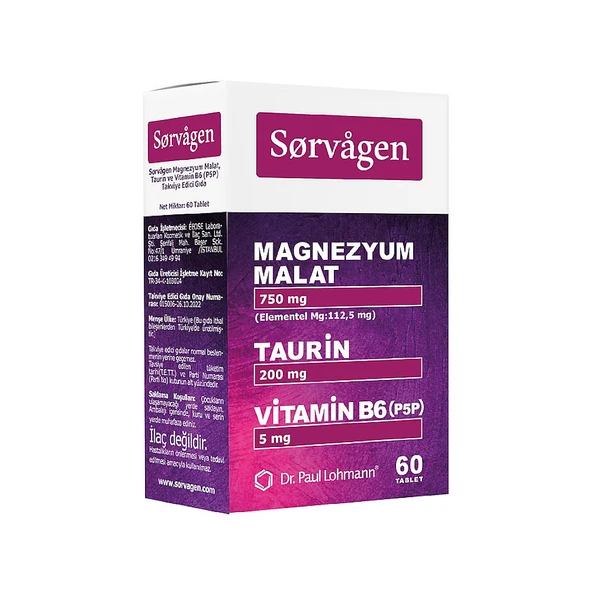 Sorvagen Magnezyum Malat, Taurin ve Vitamin B6 İçeren Takviye Edici Gıda 60 Tablet ürün görseli 1