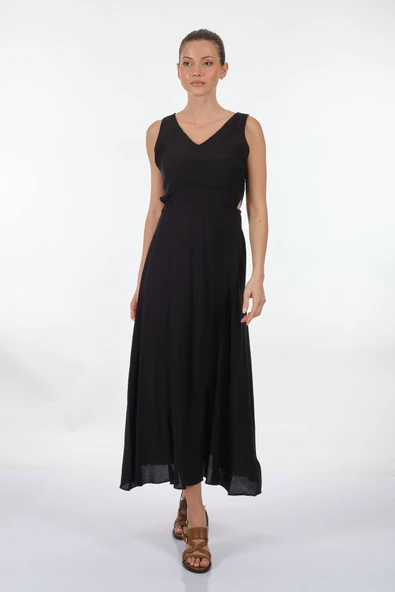 Unique Mode V Yaka Kolsuz Maxi Günlük Elbise - Minimalist Bohem Stil ürün görseli 1