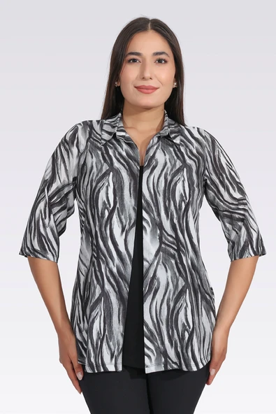 Tolga Saraçoğlu Kadın Bluz - Minimalist Zebra Desenli 3/4 Kol Oversize ürün görseli 1