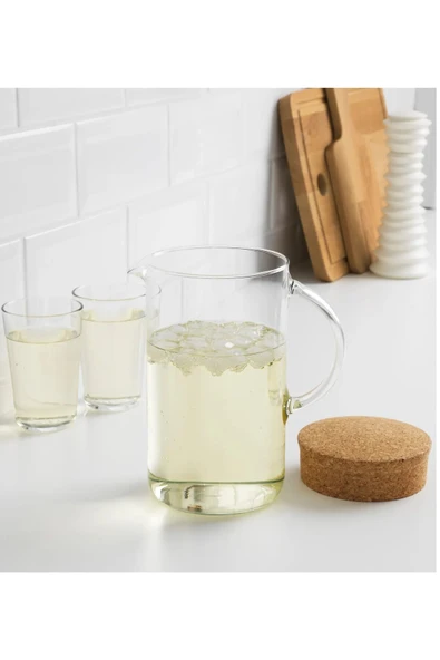 IKEA Mantar Kapaklı Cam Sürahi Hacim 1.5 Litre Kulplu Sürahi Su Şişesi Yükseklik 21 Cm ürün görseli 1