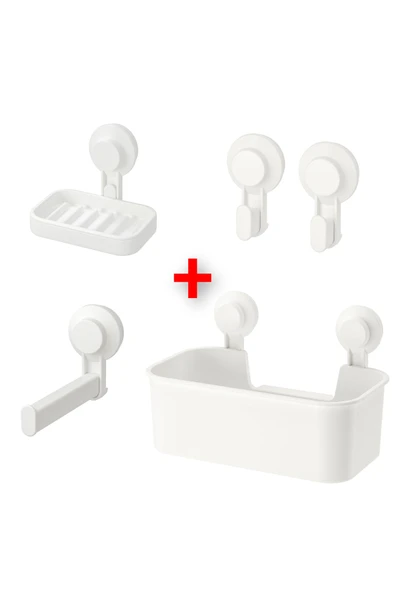 IKEA 4 Parça Vantuzlu Banyo Seti İkea Duş Sepeti, Sabunluk, 2 Li Askı ve Tuvalet Kağıtlığı Beyaz Plastik ürün görseli 1