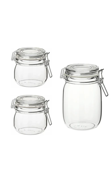IKEA 3 Adet Saklama Kavanozu (1 Adet 1 litre ve 2 Adet 0.5 Litre) İkea 3'lü Cam Kavanoz Sızdırmaz Kapak ürün görseli 1