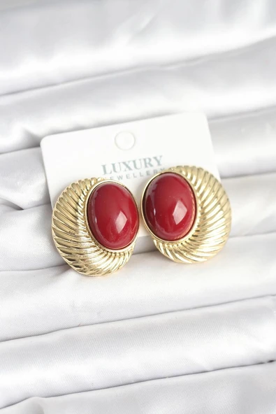 Pirinç Gold Renk Bordo Boncuklu Oval Vintage Kadın Küpe - TJ-BKP11391 ürün görseli 1