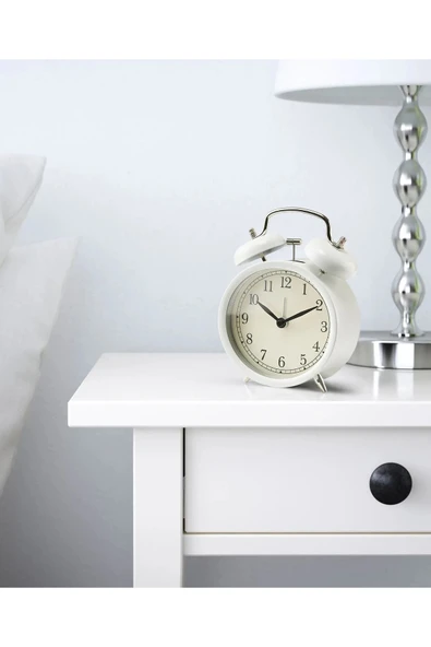 IKEA KALİTELİ Nostaljik Çalar Saat Çap 10 Cm İkea Masa Saati Beyaz Renk Yükseklik 14 Cm Çelik Saat ürün görseli 1