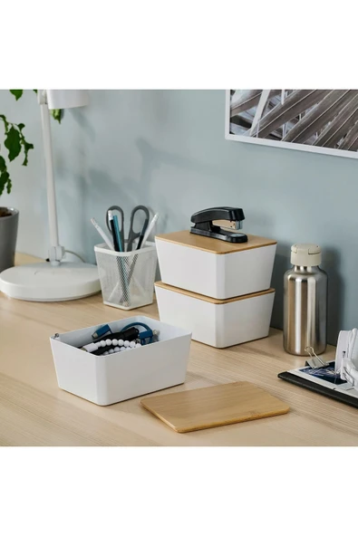 IKEA 3 lü Kutu Seti Bambu Kapaklı 3 Adet Kutu Beyaz 13x18x8 cm ürün görseli 1