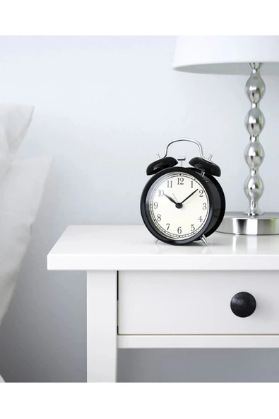 IKEA KALİTELİ Nostaljik Çalar Saat Çap 10 Cm İkea Masa Saati Siyah Renk Yükseklik 14 Cm Çelik Saat ürün görseli 1