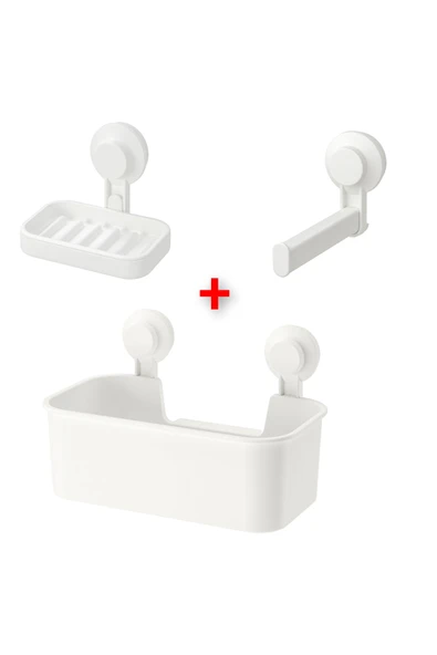 IKEA 3 Parça Vantuzlu Banyo Seti Duş Sepeti, Sabunluk ve Tuvalet Kağıtlığı Beyaz Plastik ürün görseli 1