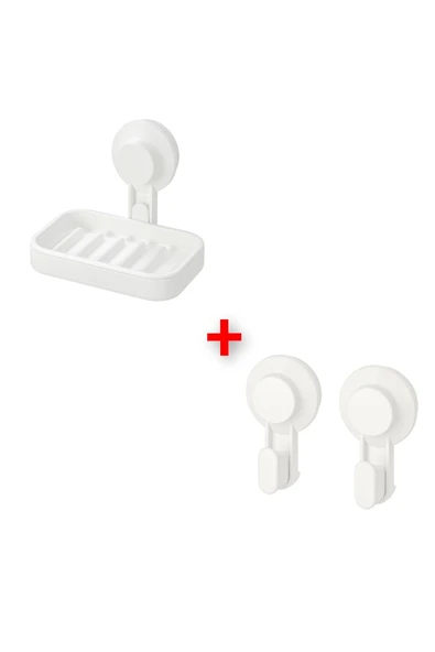 IKEA 2 Parça Vantuzlu Banyo Seti İkea 2 Li Duvar Askısı Plastik Sabunluk Beyaz Renk ürün görseli 1