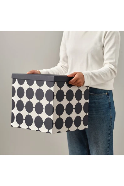 IKEA Tjena Siyah Beyaz Nokta Desen 32x35x32 Kapaklı Dekoratif Eşya Saklama Kutusu Düzenleme Kutusu ürün görseli 1