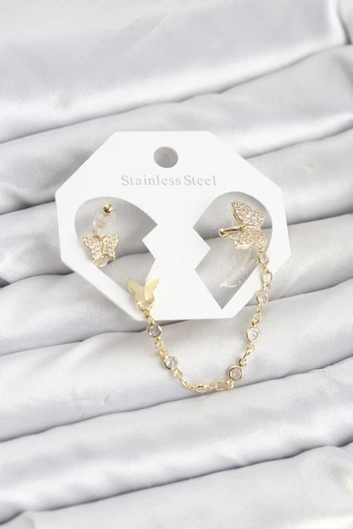 Kelebek Model Pirinç Gold Renk Zincir Bağlantılı Ear Cuff Küpe Seti - TJ-BKP11548 ürün görseli 1