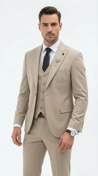 Erkek Slim Fit Takım Elbise – Düz Dokulu Kırışmaya Dayanıklı Likralı Polyviskon Kumaş, Sivri Yaka, Tek Düğmeli, Çift Yırtmaçlı ürün görseli 1