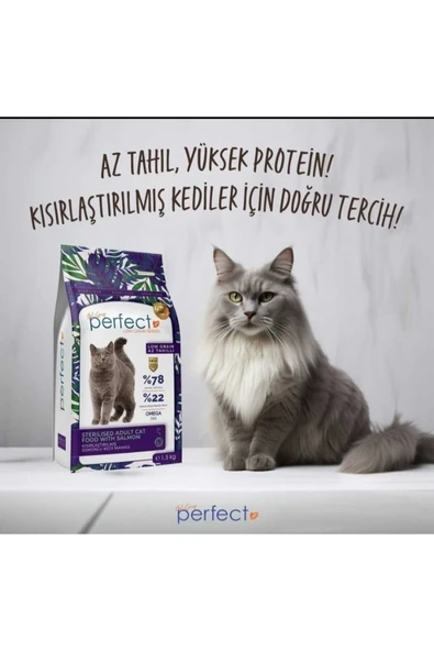 PERFECT Cat Plus, Az Tahıllı / Düşük Tahıllı Kısırlaştırılmış Somon Balıklı Kedi Maması 1,5 Kg ürün görseli 1