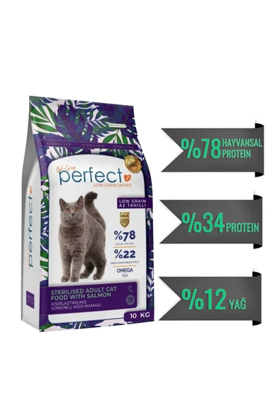 PERFECT Cat Az Tahıllı/Düşük Tahıllı Kısırlaştırılmış Somon Balıklı Kedi Maması 10 Kg ürün görseli 1