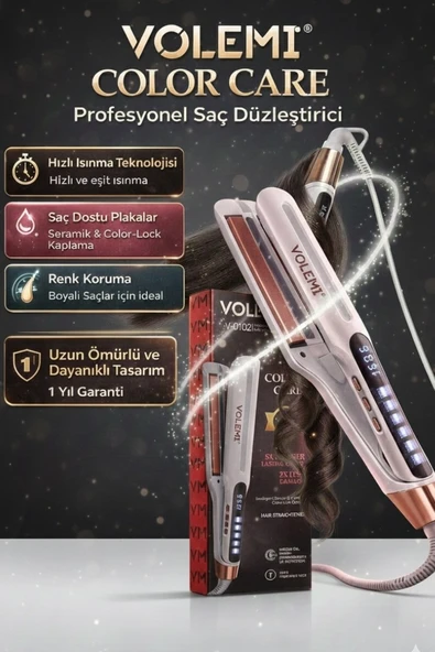 Volemı® V-0102 Profesyonel Saç Maşası Color Care, 5x Renk Koruma, Keratin Yağlı Seramik Kaplama Dijital Isı Ayarlı Maşa ürün görseli 1