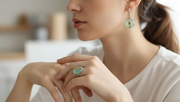 Otantik Seri Gümüş ve Bronz Tasarım Mint Yeşil Taşlı El Yapımı Küpe Yüzük Seti mod68 ürün görseli 1