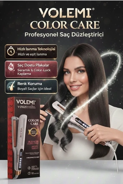 Volemı® V-0103 Profesyonel Wag Maşası Color Care, 5x Renk Koruma, Keratin Yağlı Seramik Kaplama Dijital Isı Ayarlı Maşa ürün görseli 1
